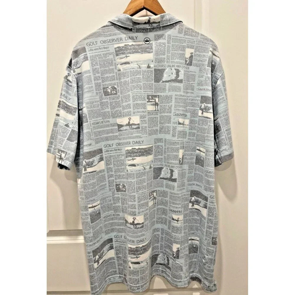 PETER MILLAR Size XXL Men's CROWN CRAFTED Polo Shirt Blue Frost Newspaper Print - Picture 2 of 7